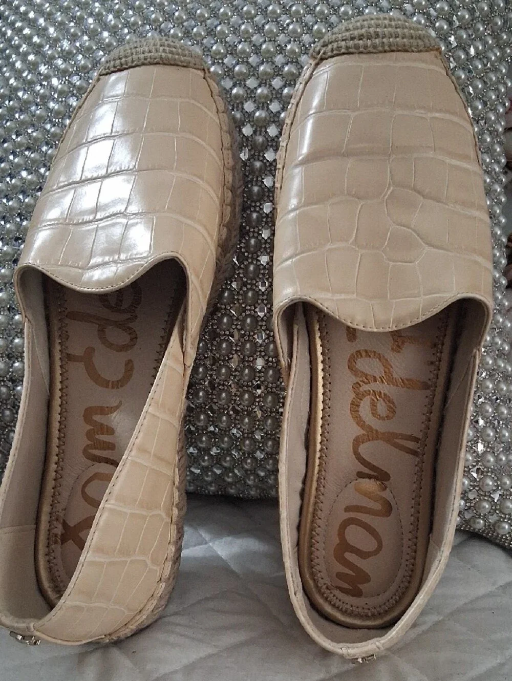 Sam Edelman Sz 9 Beige Croc-Embossed Leather Espadrille Loafers - Women $26